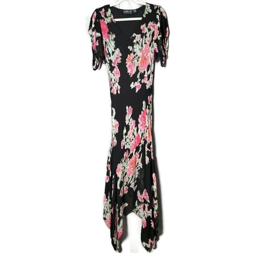 VTG Lola P Black Floral Fairy Grunge Y2K Hankerchief Hem Bodycon Maxi Dress M